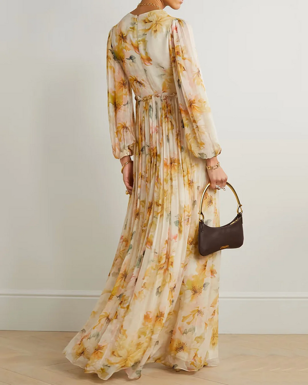 Nele - Langärmliges Maxikleid mit Blumendruck im Bohemian-Stil | Elegantes Maxikleid mit tiefem Ausschnitt und Blumenmuster