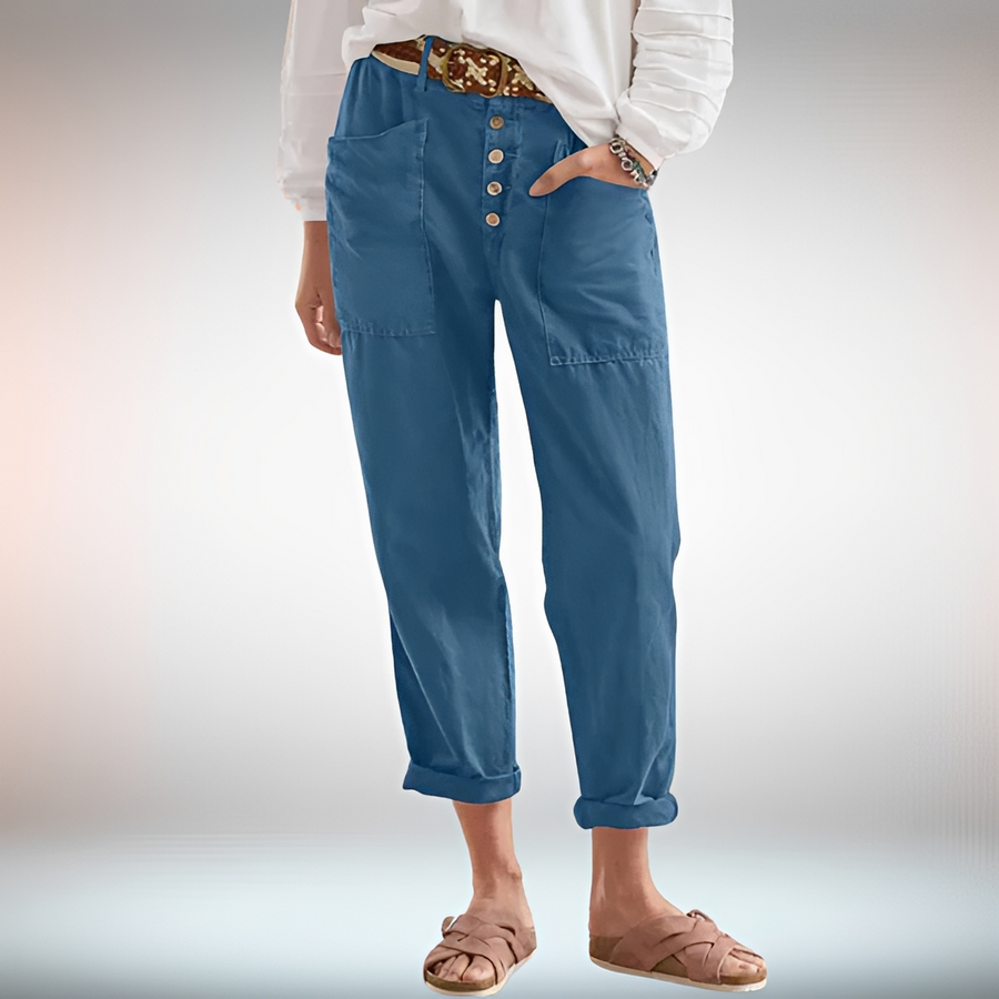 Rhonwen - Stilvolle, leger geschnittene Hose mit Knöpfen