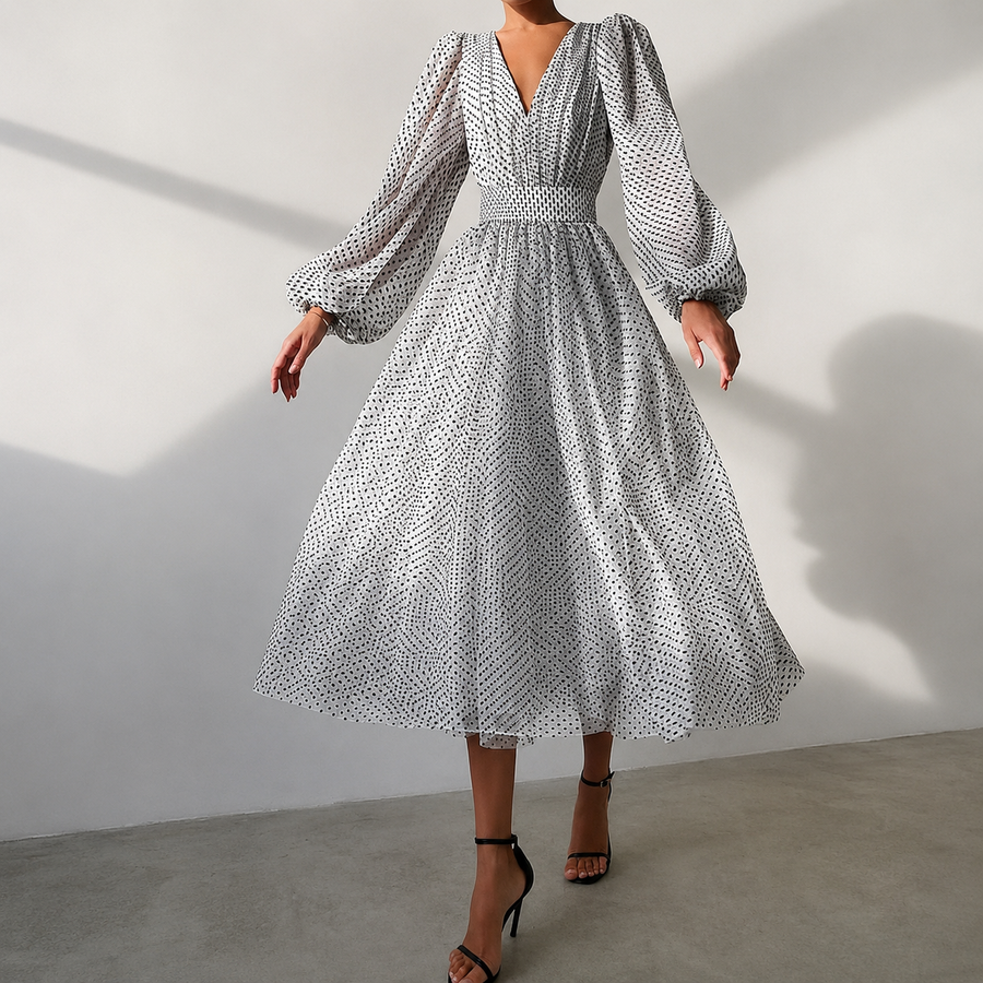 Emina - Stilvolles V-Ausschnitt Kleid mit langen Ärmeln