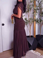 Damen-Bodycon-Kleid aus Mesh mit Plissee, Midi-Länge