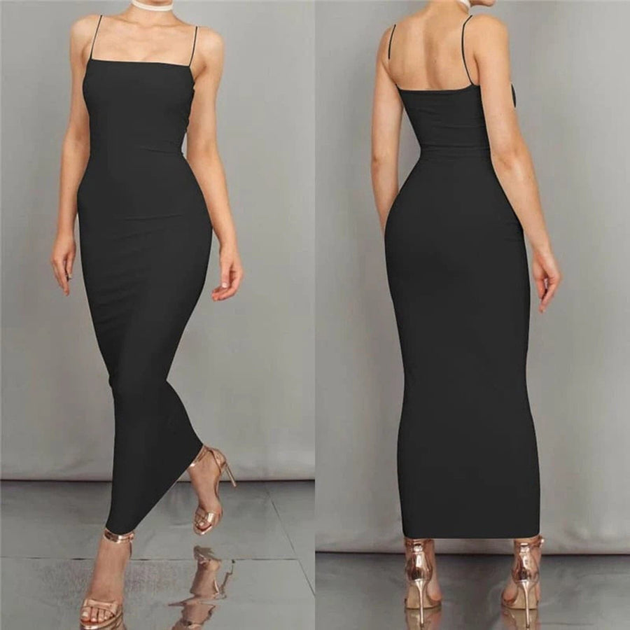 Heidi-Mode | Bodycon Kleid Midi Länge Spaghettiträger Elegant und Figurbetont
