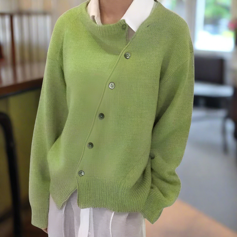 Damen Strickjacke mit Asymmetrischer Knopfleiste – Stilvoller Beiger Cardigan für Herbst & Winter – Weiche Langarmjacke im Lagenlook
