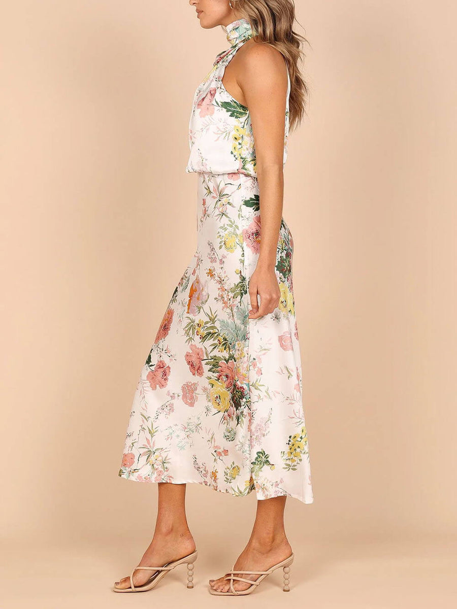 Maxikleid mit Neckholder, floralem Muster und elastischer Taille