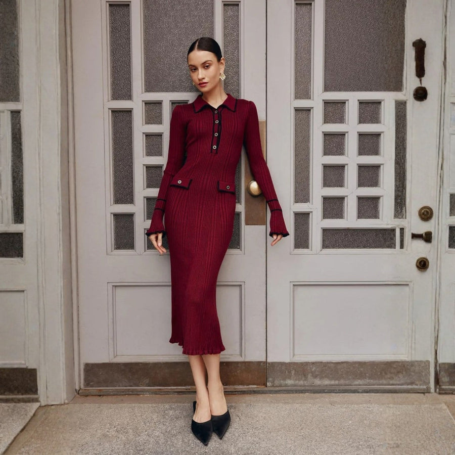Irina | Damen Geripptes Knopfleiste Vorne Strick Midi Kleid
