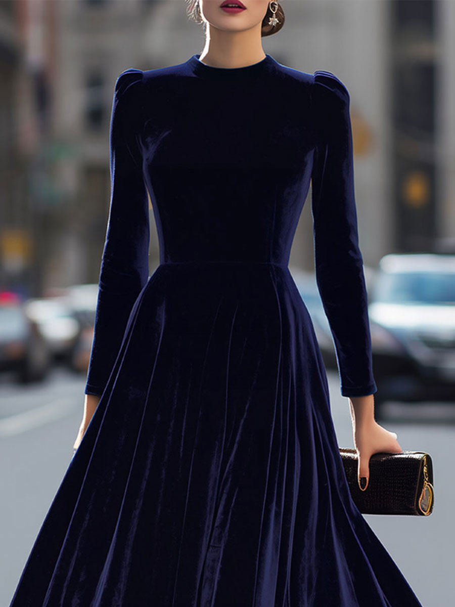 Damen-Midi-Kleid aus marineblauem Samt mit langen Ärmeln
