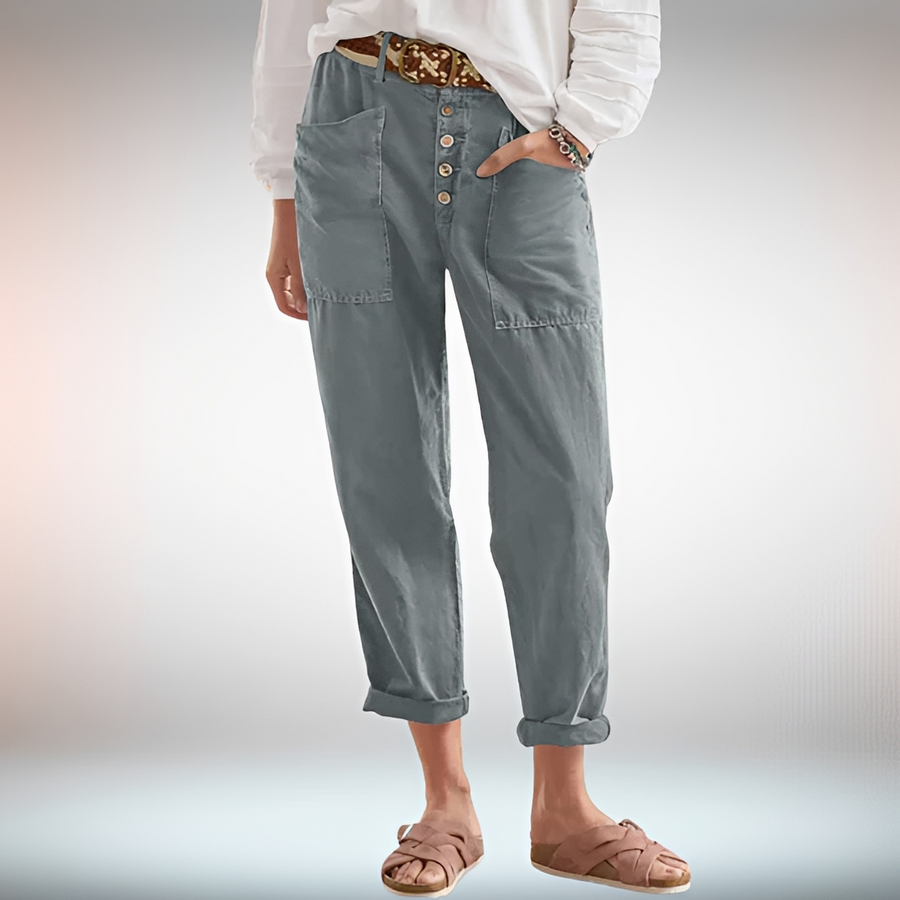 Rhonwen - Stilvolle, leger geschnittene Hose mit Knöpfen
