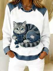 Eponin – Retro Katzen Jeansstoff Flickwerk Sweatshirt