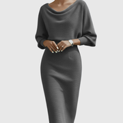 Kathrin | Damen Elegantes Drapiertes Strick Midi Kleid