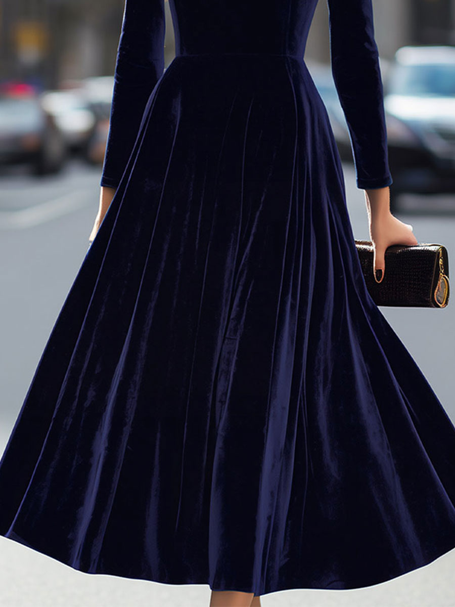 Damen-Midi-Kleid aus marineblauem Samt mit langen Ärmeln