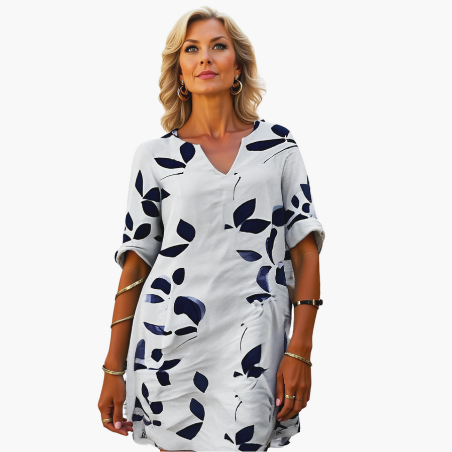 Sommerkleid für Damen - Blättermuster, locker & V-Ausschnitt