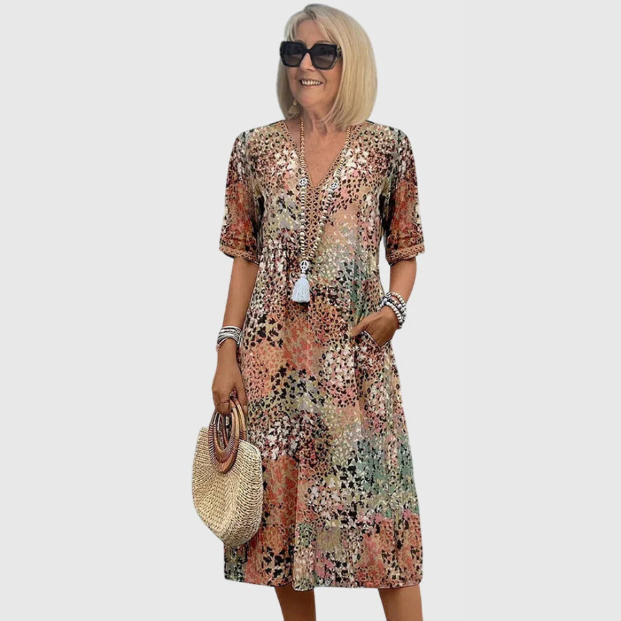 Maja | Damen Bedrucktes V-Ausschnitt Midi Kleid