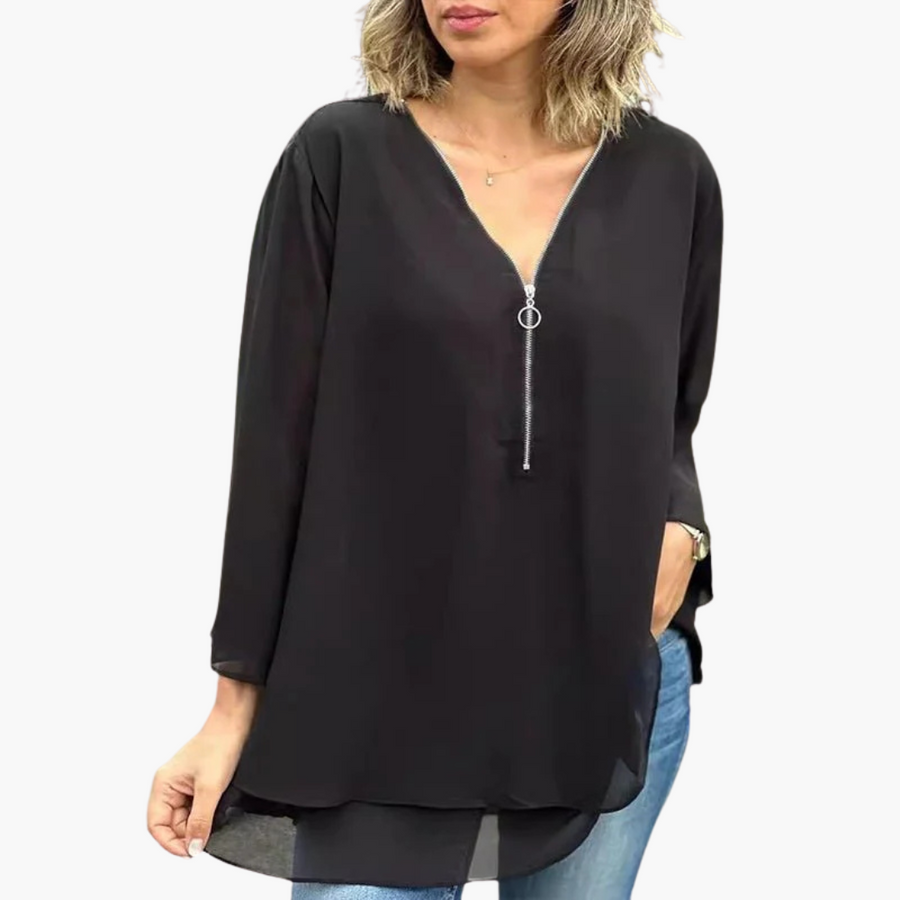 Halb-Zip Langarmshirt - Damen V-Ausschnitt Oberteil Casual