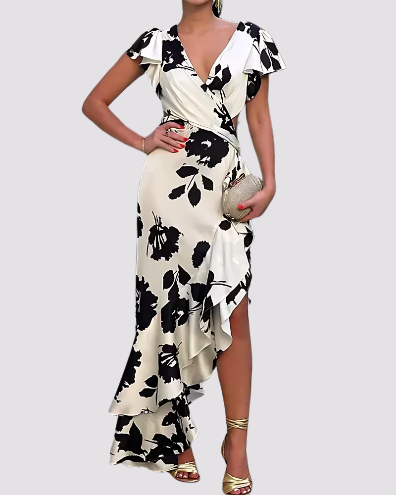 Asymmetrisches Wickelkleid – Maxikleid mit Blumenmuster & Volant-Saum