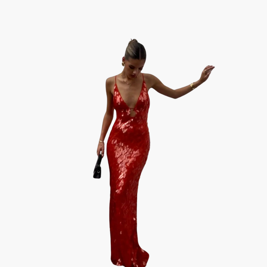 Pailletten Abendkleid für Damen - Maxi mit V-Ausschnitt