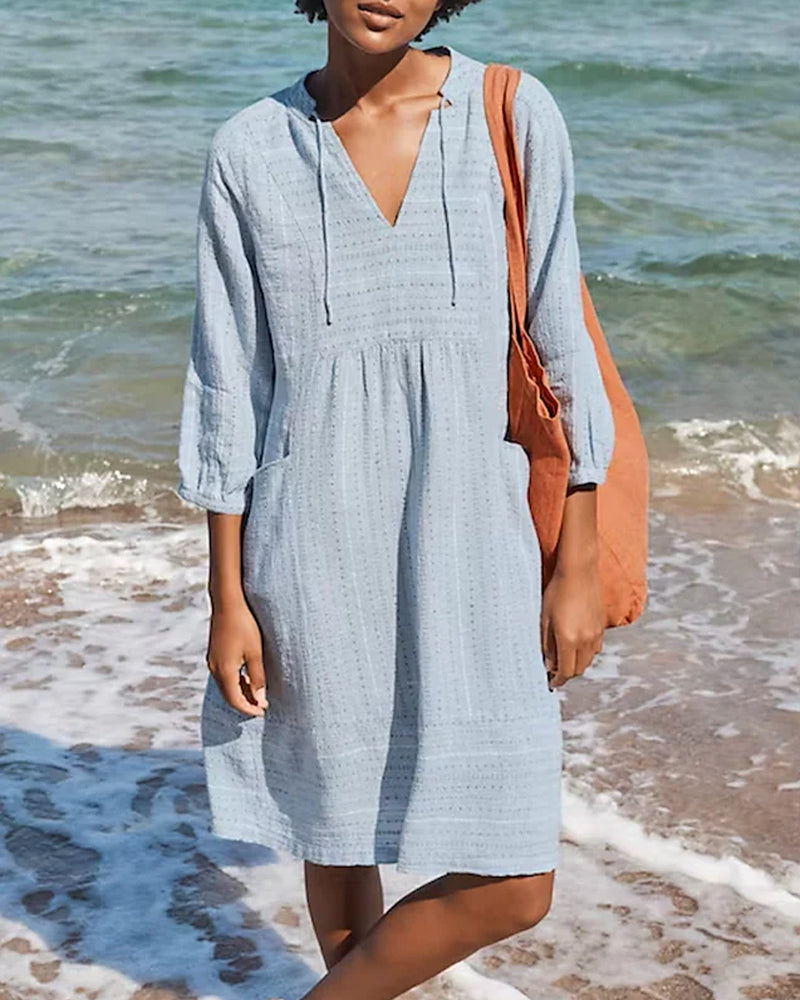 Bequemes - Leichtes Strandkleid in A-Linie mit V-Ausschnitt | Lässiges Sommerkleid mit Dreiviertelärmeln für dich