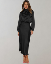 Anna | Damen Elegantes Satin Langarmkleid