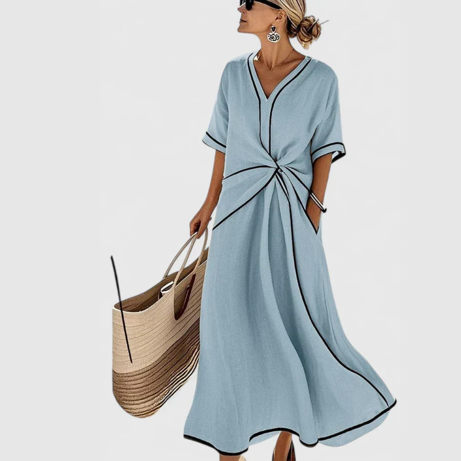 Veronika | Damen V-Ausschnitt Bindegürtel Midi Kleid