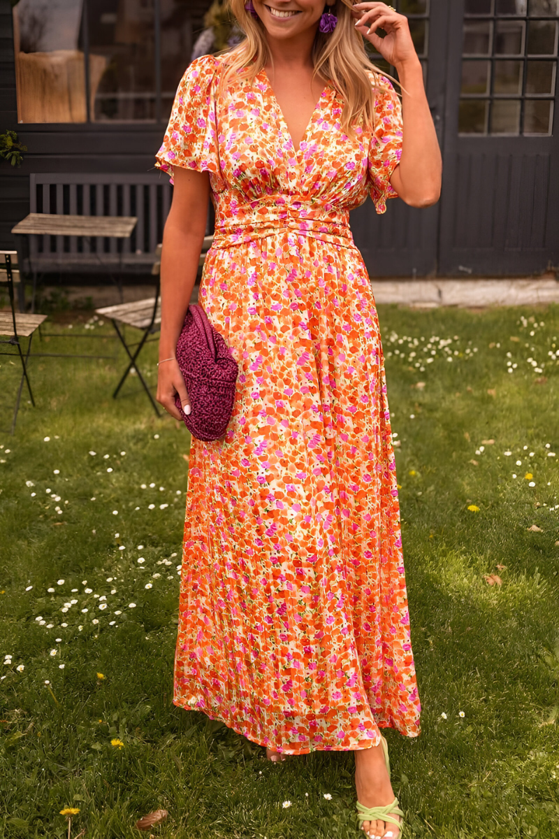 Verspieltes Damenkleid mit Blumenprint – Maxi-Länge & Kurzarm