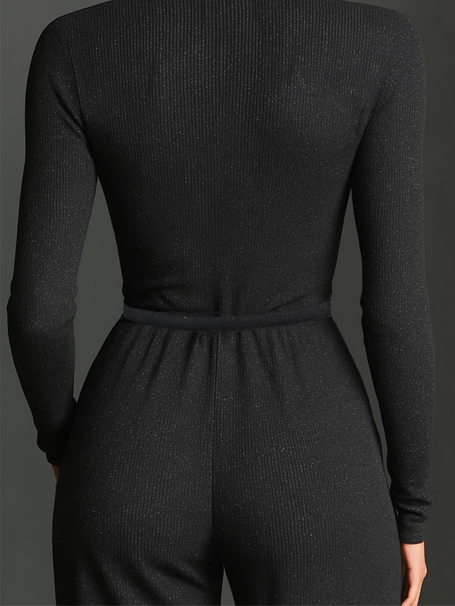 Glitzernder Strick-Jumpsuit mit weitem Bein für Damen | Reißverschluss vorne