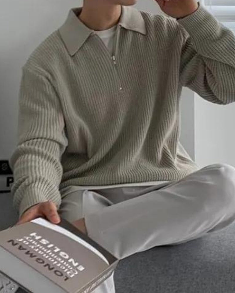 Aaron | Cozy halbem Reißverschluss Herren Gerippt Strickpullover mit Polokragen
