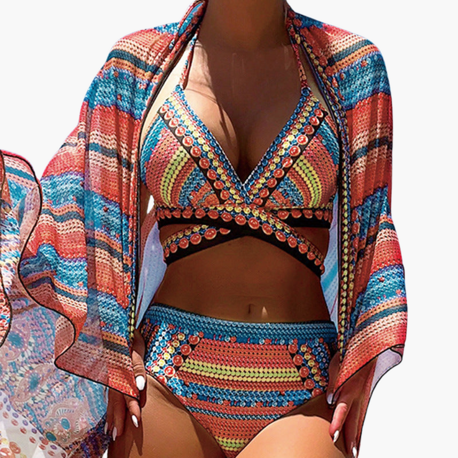 Dreiteiliges Bikini-Set - Damen High-Waist mit Kreuzträgern