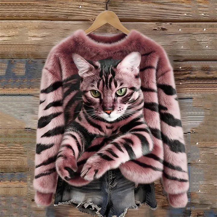 Jules – Weiches Plüsch Sweatshirt Mit Tabby Katzen Und Tiger Muster