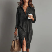 Damen-Midi-Kleid aus Cord mit Knopfleiste und Brusttaschen