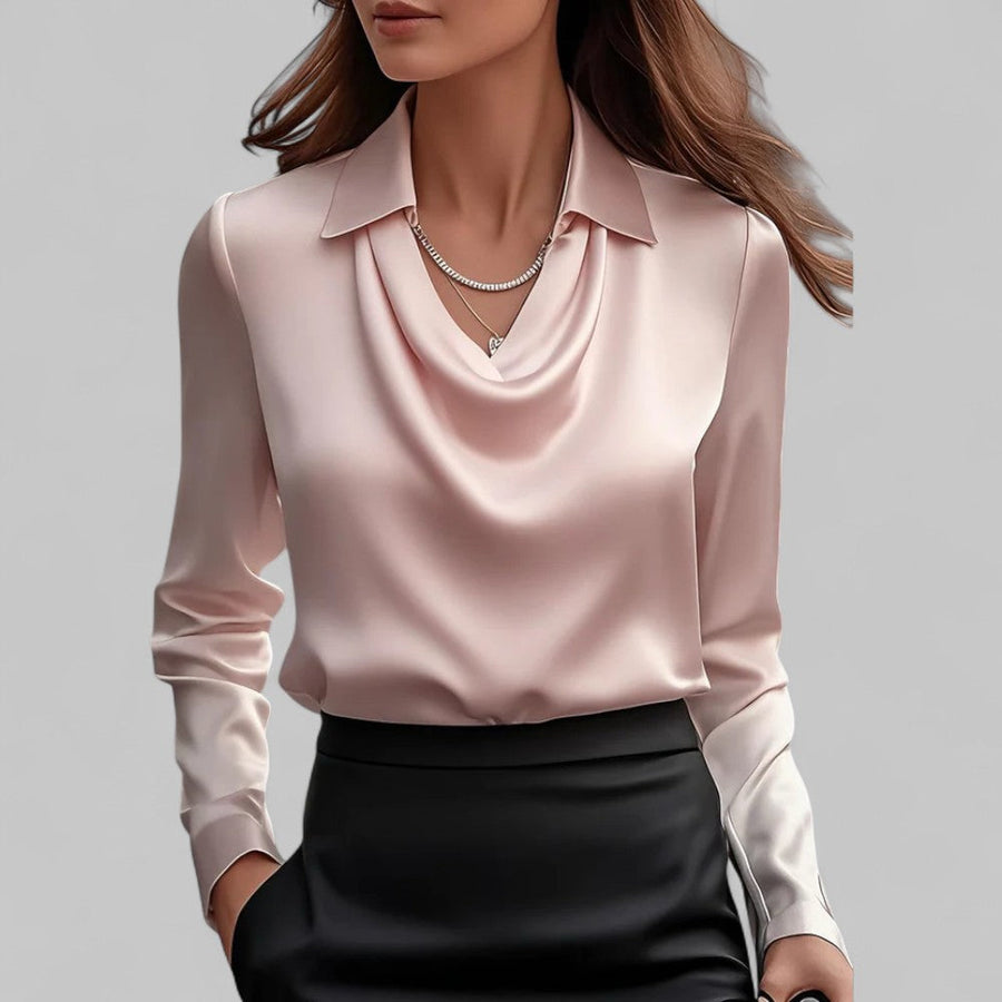Daniela | Dames Satijnen Blouse met Watervalhals en Lange Mouwen