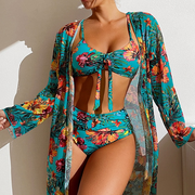 Alice - Bikini-Set mit hoher Taille und tropischem Blumenmuster und transparentem Überzug