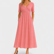 Midi-Kleid für Damen, Wickelkleid mit V-Ausschnitt und Taschen