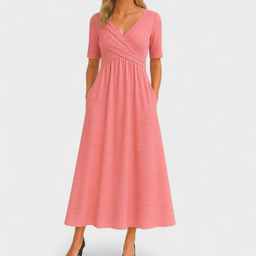 Midi-Kleid für Damen, Wickelkleid mit V-Ausschnitt und Taschen
