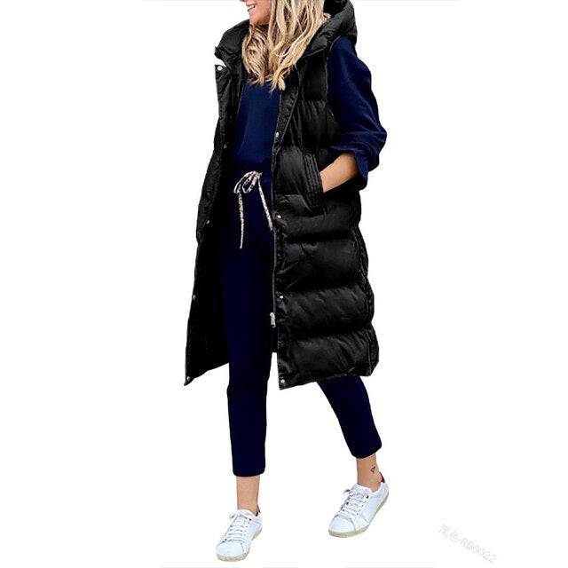 Lange Damen Steppweste mit Kapuze – Modische, warme Weste für Herbst und Winter, ideal für Layering und Freizeitoutfits