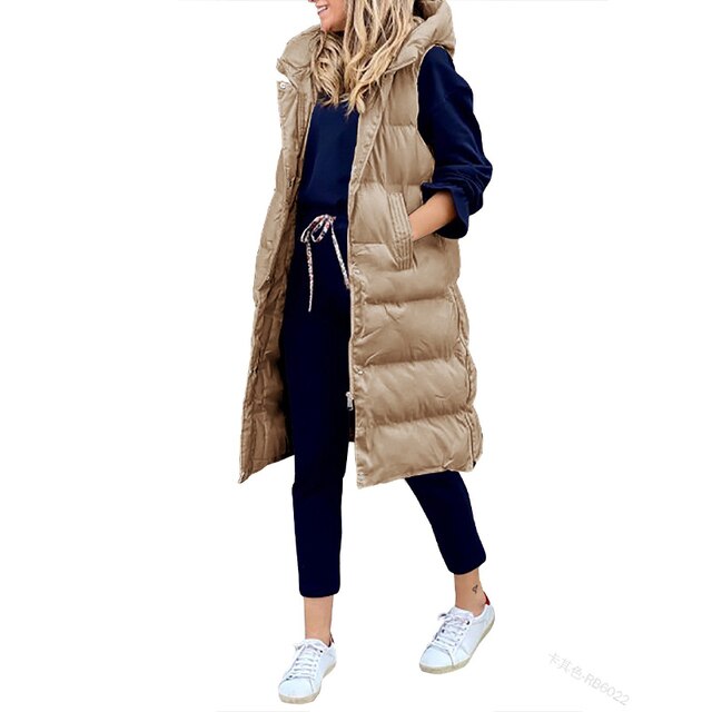 Lange Damen Steppweste mit Kapuze – Modische, warme Weste für Herbst und Winter, ideal für Layering und Freizeitoutfits
