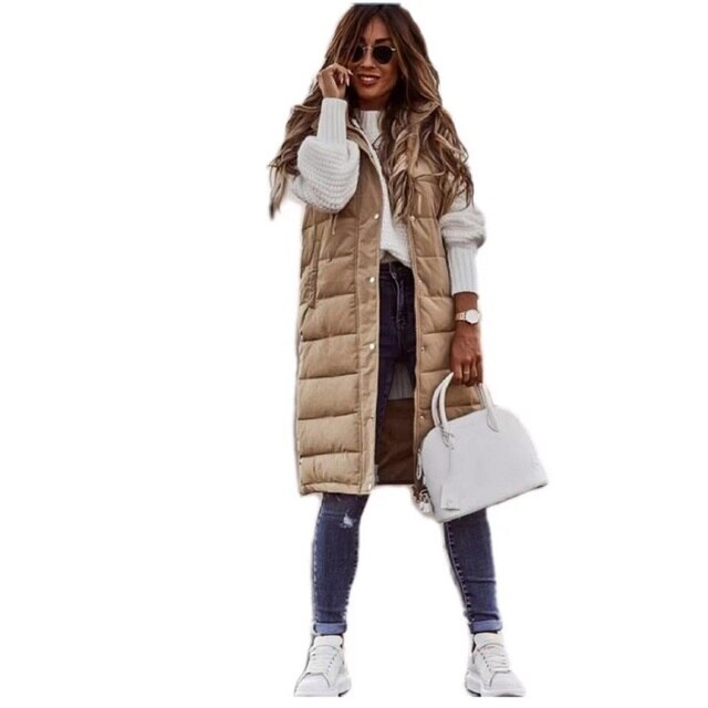 Lange Damen Steppweste mit Kapuze – Modische, warme Weste für Herbst und Winter, ideal für Layering und Freizeitoutfits