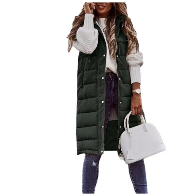 Lange Damen Steppweste mit Kapuze – Modische, warme Weste für Herbst und Winter, ideal für Layering und Freizeitoutfits