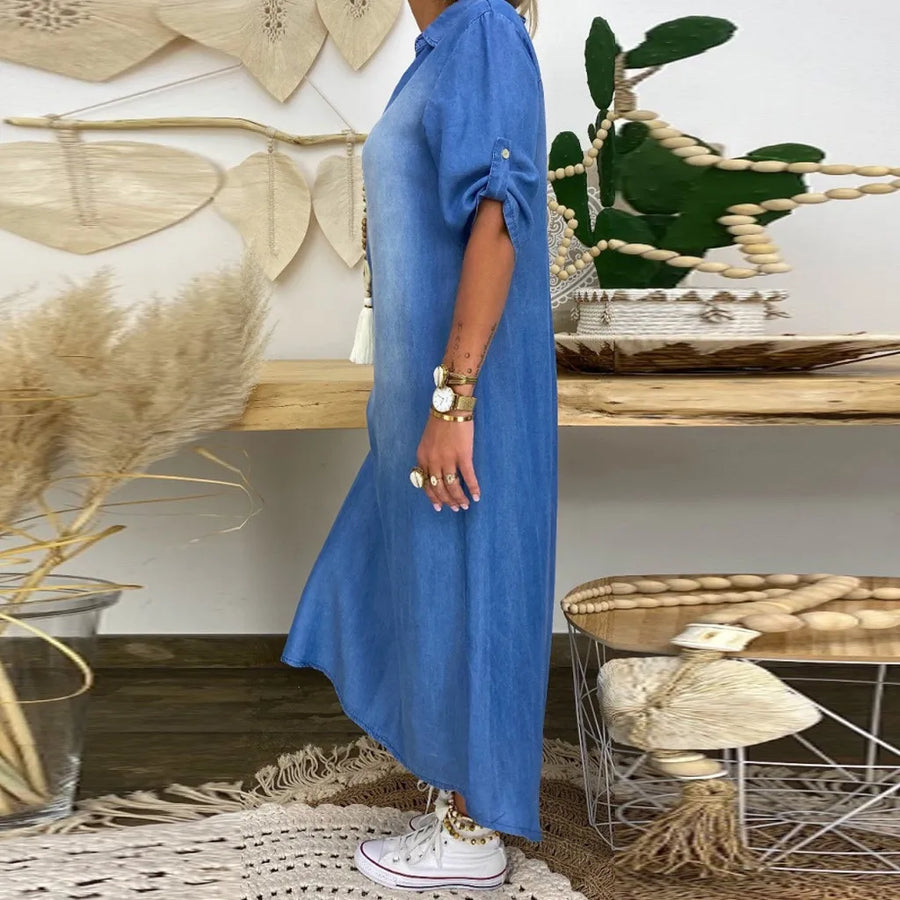 Lea | Langes Kleid im Jeans-Look mit Seitenschlitz