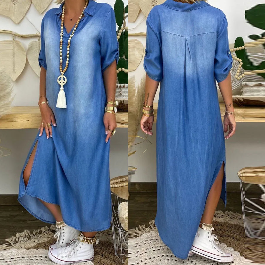 Lea | Langes Kleid im Jeans-Look mit Seitenschlitz