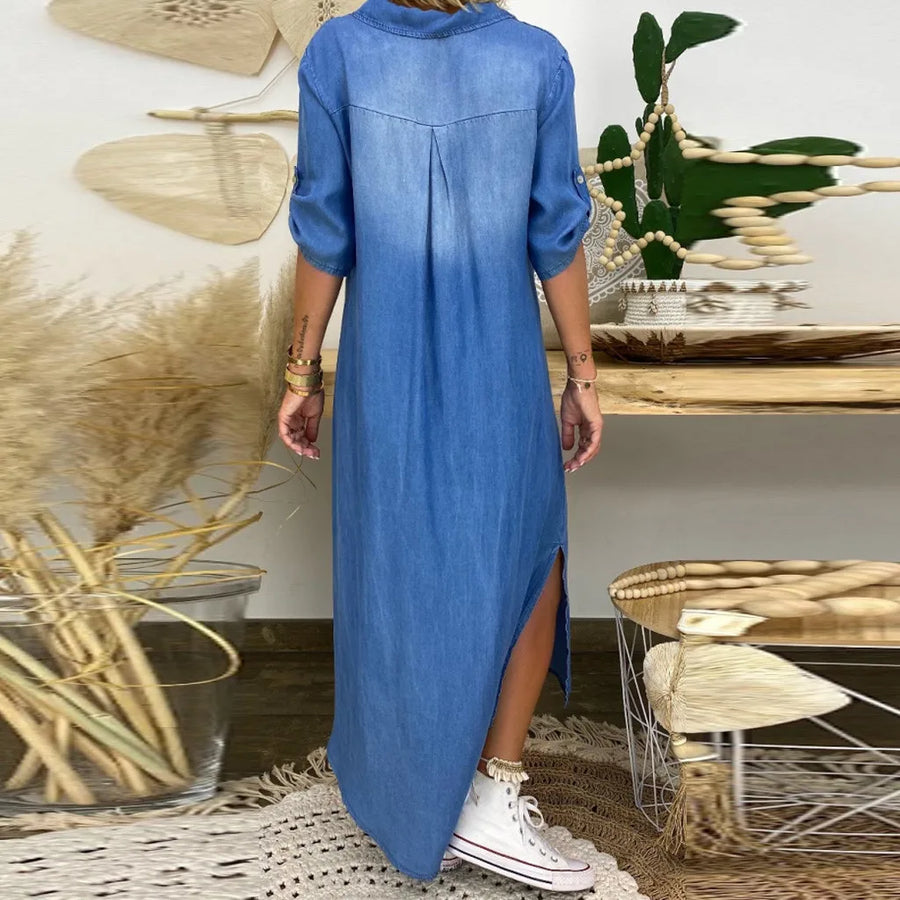 Lea | Langes Kleid im Jeans-Look mit Seitenschlitz