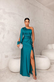 Damen Satin Abendkleid One-Shoulder mit Schlitz – Elegantes Kleid für Party & Anlass