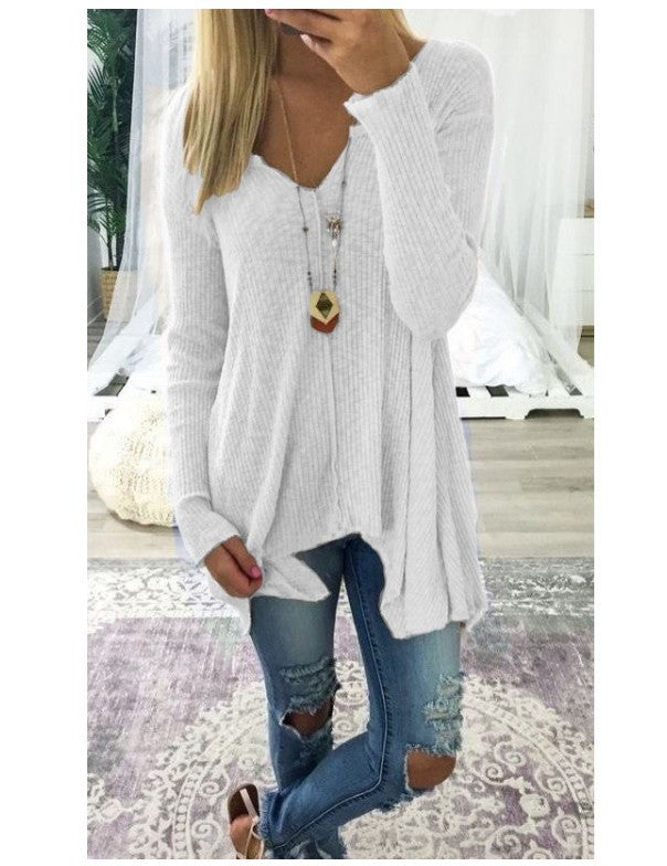 Damen nan lockerfallende Rippstrick Tunika mit V-Ausschnitt und asymmetrischem Saum Drune
