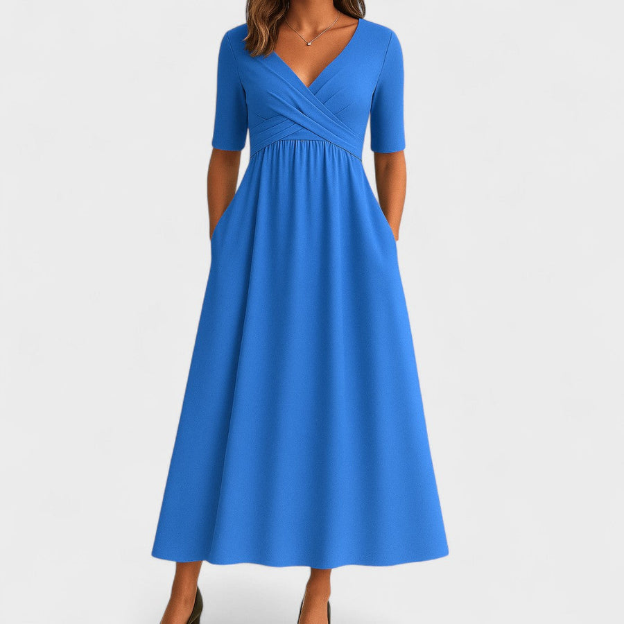 Midi-Kleid für Damen, Wickelkleid mit V-Ausschnitt und Taschen
