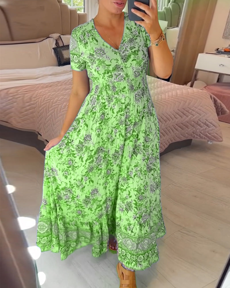 TESSA - LANGES GEMUSTERTES KLEID MIT KNOPFLEISTE