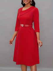 Heidi-Mode | Einfarbige Asymmetrische Halsgürtel 3/4 Ärmel Festliches Kleid Für Frauen - Ideal Für Alle Jahreszeiten