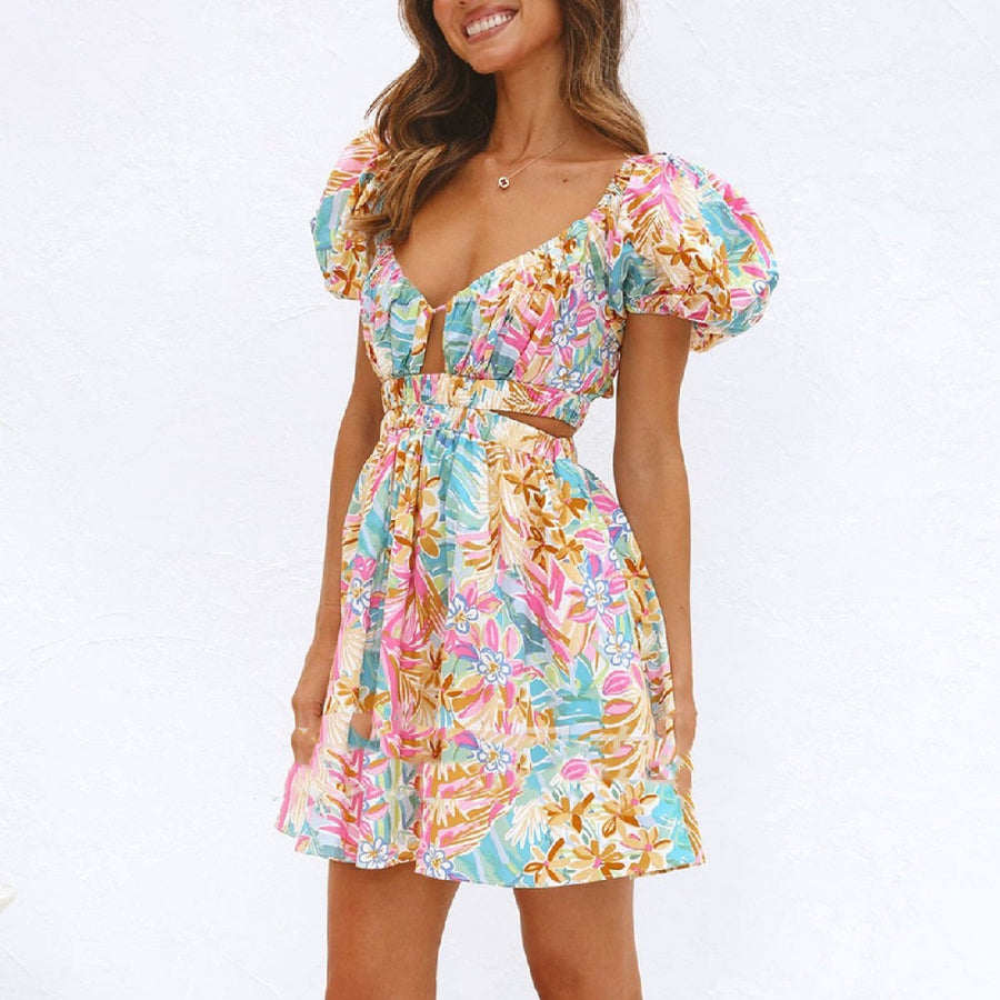 Kurzes Kleid mit Blumendruck und gerafftem Ausschnitt - Valeria