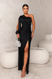 Damen Satin Abendkleid One-Shoulder mit Schlitz – Elegantes Kleid für Party & Anlass