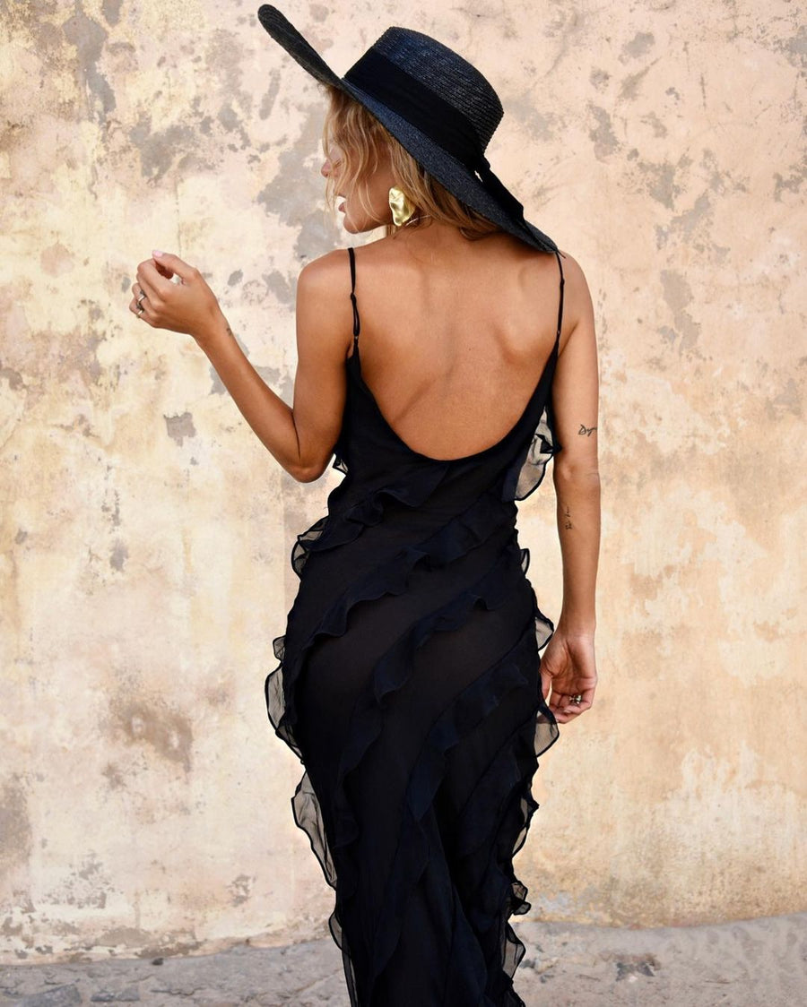 Maxikleid mit Rüschen – Figurbetontes Abendkleid mit Spaghettiträgern