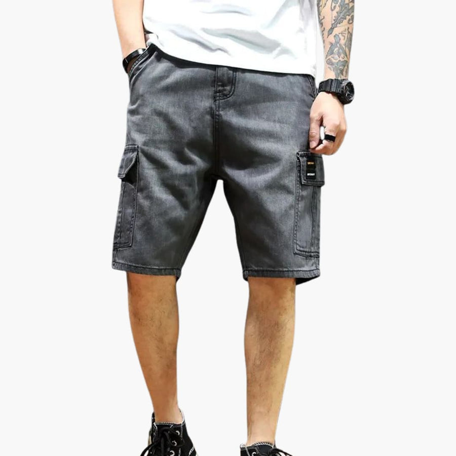 Men’s denim cargo shorts with pockets and vintage wash