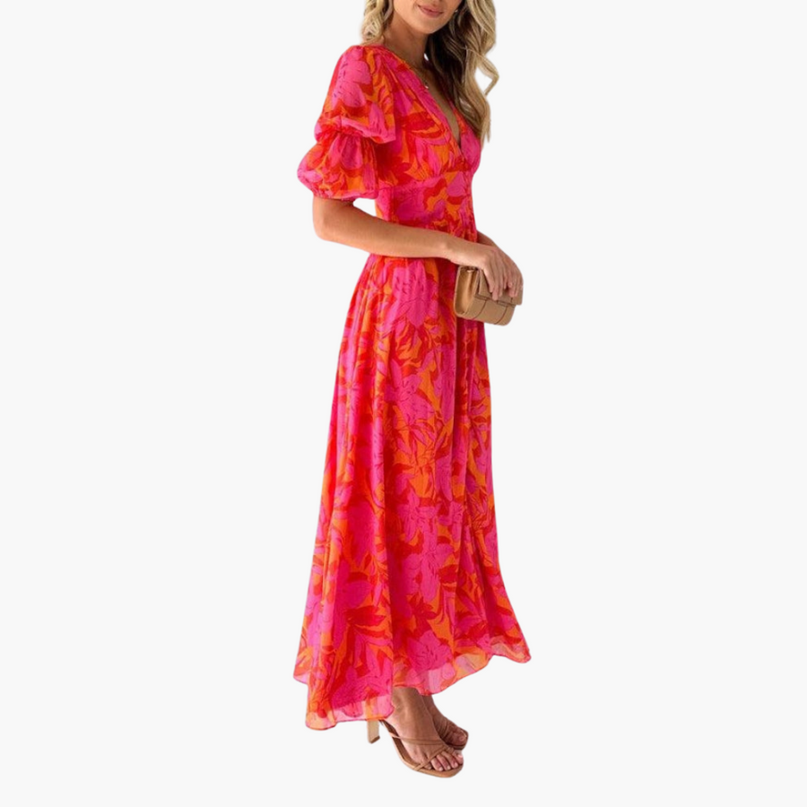 Elegantes Maxikleid für Damen - V-Ausschnitt & Puffärmeln