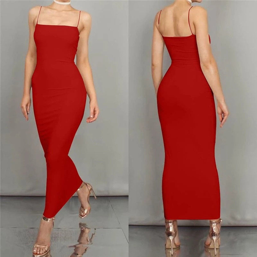 Heidi-Mode | Bodycon Kleid Midi Länge Spaghettiträger Elegant und Figurbetont