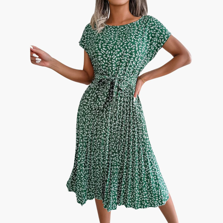 Sommerkleid Damen - Blumenkleid mit Gürtel und Kurzarm